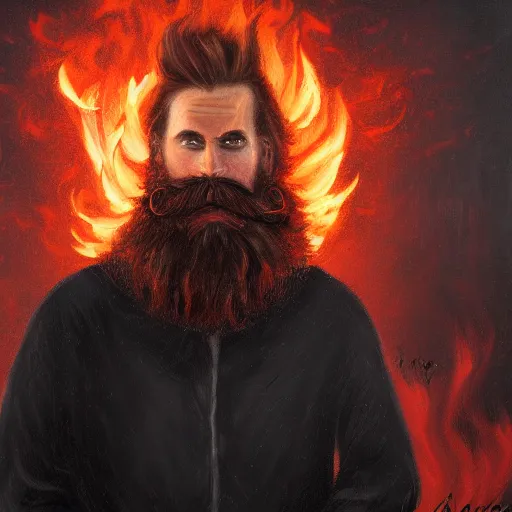 Image similar to grumpy young brown - red haired man with beard, wearing black coat, fire behind him, fire, oil painting, fantasy artwork, fantastic artwork, 4 k, trending on artstation