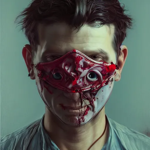 Prompt: portrait painting of a bloodied serial killer wearing a hello kitty mask, ultra realistic, concept art, intricate details, eerie, highly detailed, photorealistic, octane render, 8 k, unreal engine. art by artgerm and greg rutkowski and alphonse mucha