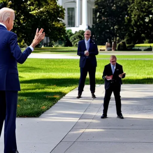 Prompt: Joe Biden Throwing A small green toad at you in front of the white house, photo