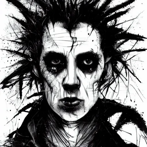 Image similar to gaunt ( the cure fan ) as dream from sandman, dim stars as eyes, by jeremy mann, by cedric peyravernay, by by russ mills, by richard avedon and ben templesmith, dramatic lightning, sadness, dark eye sockets, in the shadows, punk rock, gothic, high detailed, 8 k