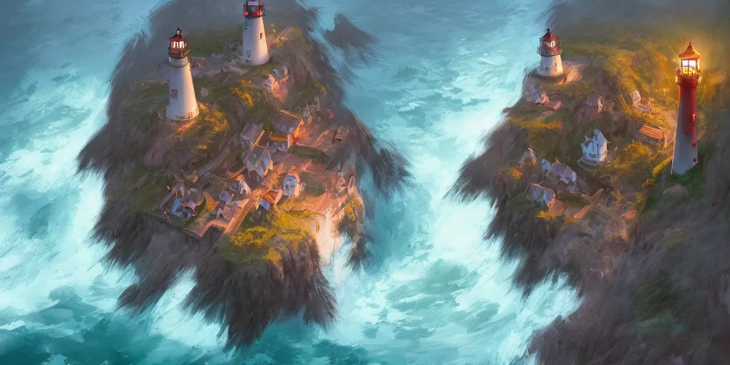 Prompt: Cozy small fantasy village on a cape with a lighthouse, fishing boats, view from above. In style of Greg Rutkowski, Jesper Ejsing, Makoto Shinkai, trending on ArtStation, fantasy, great composition, concept art, highly detailed, scenery, 8K, Behance.