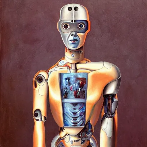 Image similar to half cyborg robot half human boy, surrealism painting art