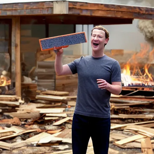 Image similar to mark zuckerberg throwing a circular wooden coaster into a fire