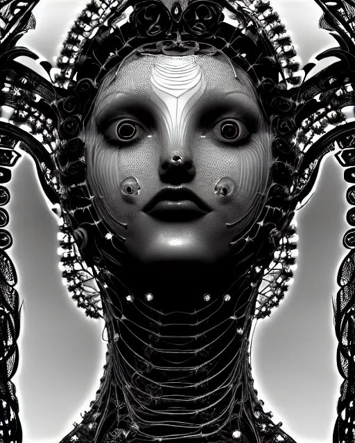 Image similar to mythical dreamy black and white organic bio - mechanical spinal ribbed profile face portrait detail of translucent steampunk beautiful female angelic - human - queen - vegetal - cyborg, highly detailed, intricate crystal ivy jelly ornate, poetic, translucent roses ornate, 3 d render, digital art, octane render, 8 k artistic photography, photo - realistic, by dora maar