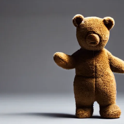 Image similar to Portrait studio photograph of Kanye West standing beside of a anthropomorphic teddy bear, close up, shallow depth of field, in the style of Felice Beato, Noir film still, 40mm
