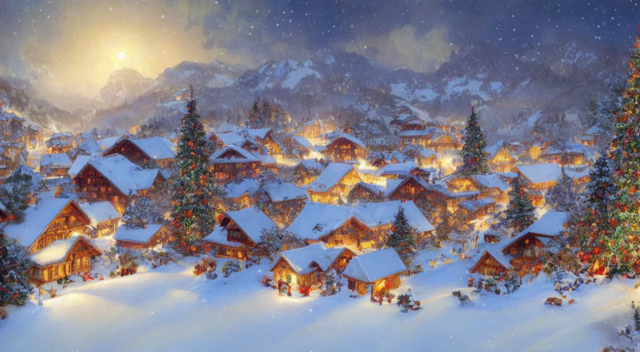 Image similar to A beautiful landscape painting of a small swiss mountain village in the snow at night with Christmas trees and fairy lights by Alfons Maria Mucha and Julie Dillon and Makoto Shinkai