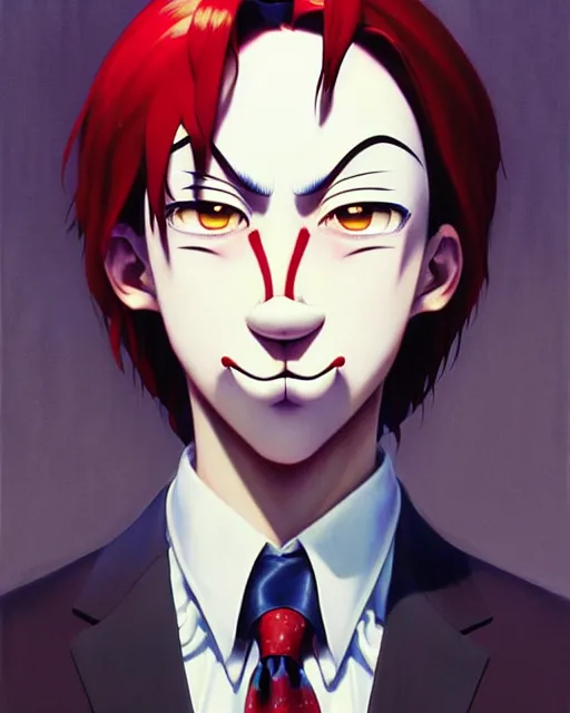 Image similar to clown in a suit | | very very anime!!!, fine - face, audrey plaza, realistic shaded perfect face, fine details. anime. realistic shaded lighting poster by ilya kuvshinov katsuhiro otomo ghost - in - the - shell, magali villeneuve, artgerm, jeremy lipkin and michael garmash and rob rey