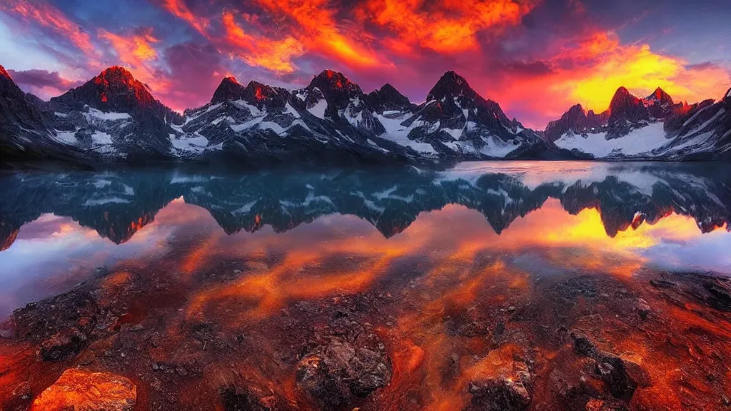 Image similar to amazing landscape photo of mountains with lake in sunset by marc adamus, beautiful dramatic lighting