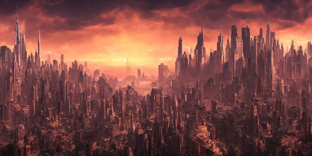 Prompt: sifi - ci city sunset, new york, matte painting with high detail, ground level, sci - fi star wars megacity with dramatic lighting and dramatic sky, 4 k, cinematic cinematography.