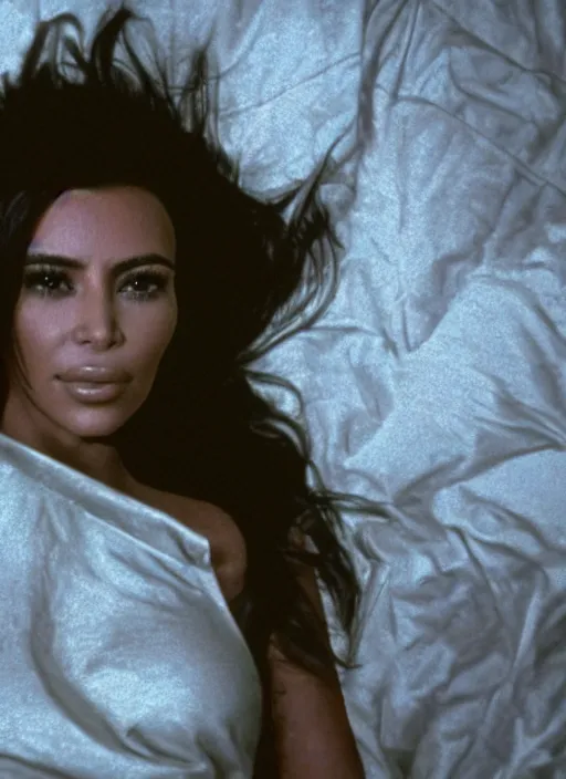 Image similar to film still of kim kardashian in the movie Alien, facehugger mounted on her face, unconscious, cinematic shot, 4k.