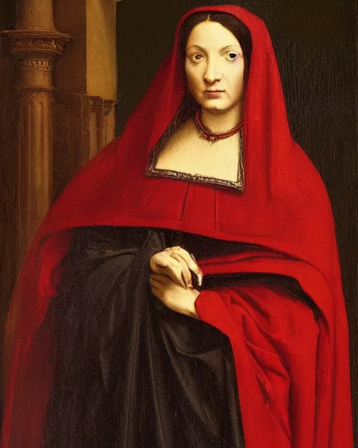 Prompt: a painting of a woman wearing a red cloak, a flemish baroque by petrus christus, unsplash, renaissance, da vinci, pre - raphaelite, studio portrait