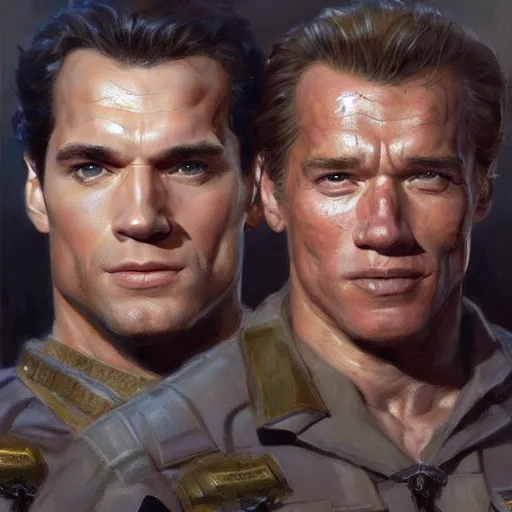 Image similar to Henry Cavill and Arnold Schwarzenegger as soldiers, closeup character art by Donato Giancola, Craig Mullins, digital art, trending on artstation