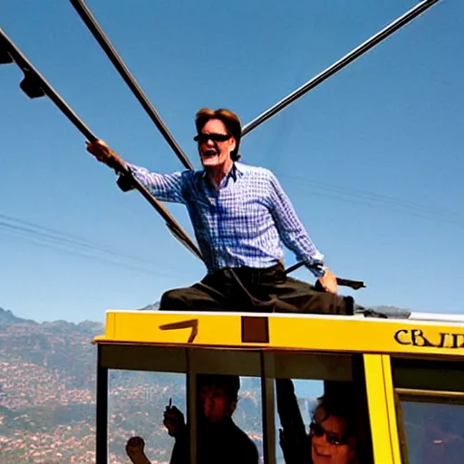 Image similar to jim carrey on a cablecar