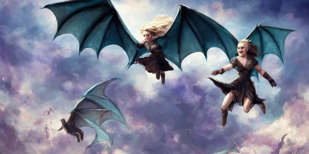 Image similar to Emilia Clarke jumping over a pit with dragons behind her in the air, artwork by charlie bowater