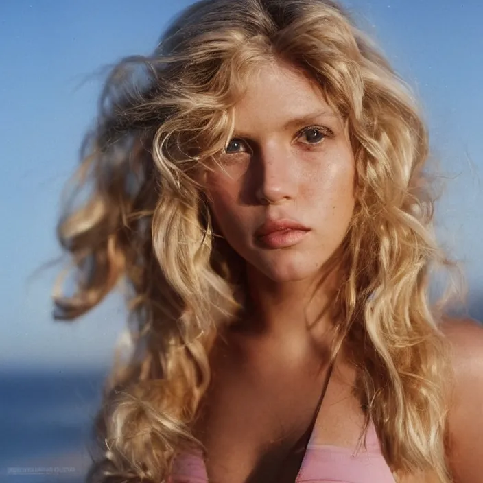 Prompt: full length photograph of an extremely beautiful!!!! young female , symmetric face!, symmetric round detailed eyes!!, Wavy tinted blonde hair! slight smile, natural light, at a Manhattan beach during golden hour. looking at the camera over her shoulder!!. pink bikini. super resolution. Extremely detailed. Graflex camera!, bokeh!!!!! trending on artstation.