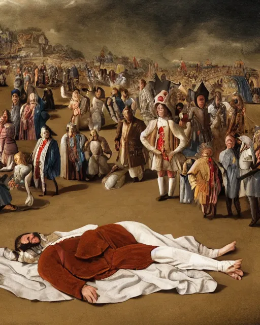 Image similar to the gigantic clothed body of gulliver, a young man from the early 1 7 th century, lies unconscious on a lilliputian beach, surrounded by thousands of tiny lilliputians wearing strange clothes. gulliver is dressed in early 1 7 th century male clothing designed in the style of sandy powell. hyperreal and cinematic, photorealistic, gulliver ’ s travels