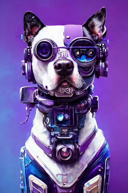 Image similar to a beautiful portrait of a cute cyberpunk dog by sandra chevrier and greg rutkowski and wlop, purple blue color scheme, high key lighting, volumetric light, digital art, highly detailed, fine detail, intricate, ornate, complex, octane render, unreal engine, photorealistic