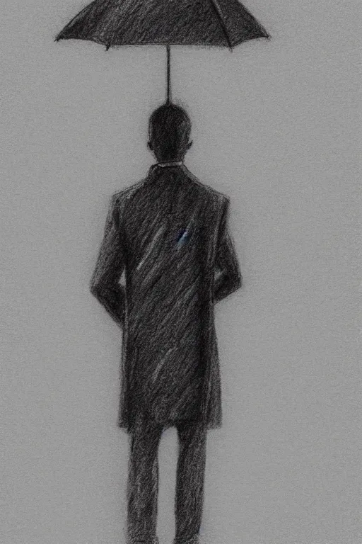 Prompt: a drawn man standing in the rain in a jacket with an umbrella. pencil sketch.
