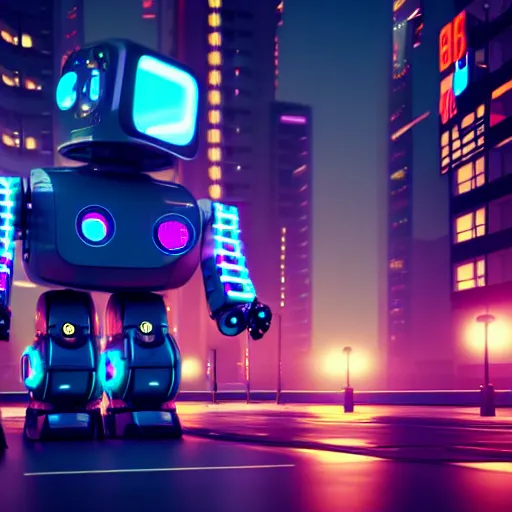 Image similar to a cute big robots in a cyberpunk city. super realistic 8 k render of a elegant, cinematic composition