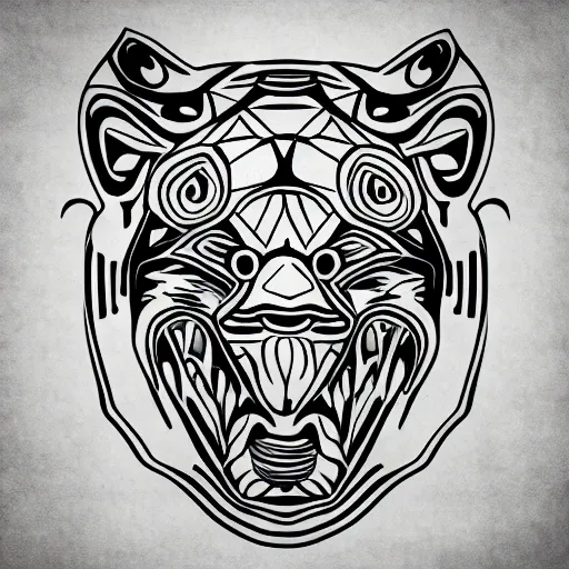 Image similar to jaguar head tattoodesign, geometrical, symmetrical, frontview, black and white, white background.