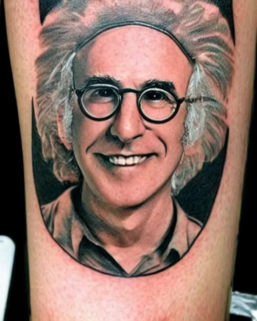 Prompt: a really bad tattoo of larry david, realism tattoo