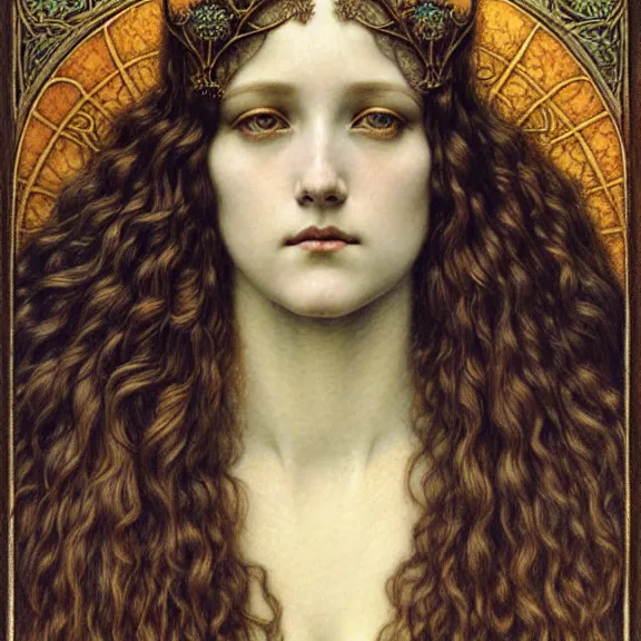 Image similar to detailed realistic beautiful young medieval queen face portrait by jean delville, gustave dore and marco mazzoni, art nouveau, symbolist, visionary, gothic, pre - raphaelite. horizontal symmetry