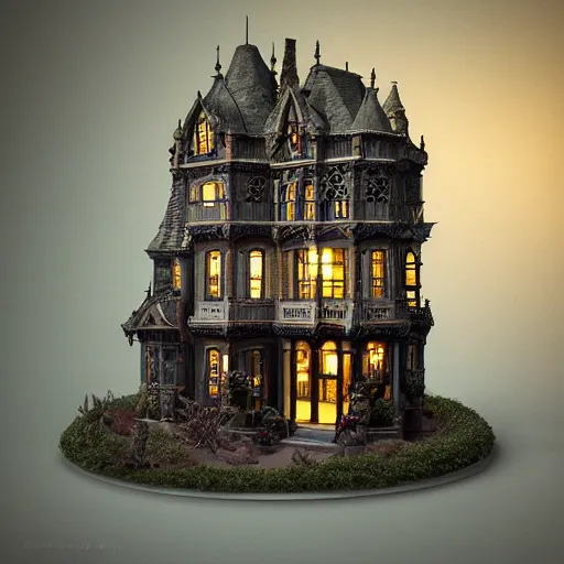 Prompt: a miniature tabletop gothic house under an ornate glass dome, by paulette tavormina and michael whelan, inside a dim room with light from one window, faded and dusty, hyper realistic, extremely detailed, dramatic lighting, victorian, unreal engine, featued on artstation