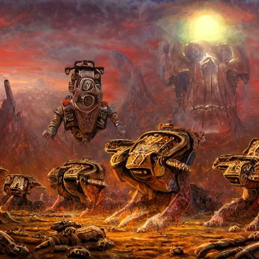 Image similar to nuclear war, rockets, giant robots, brutal warfare, skulls, on ancient post - apocalyptic planet, jim henson creature shop, vivid and colorful, thomas kincaid, cinematic, oil painting, highly detailed, illustration