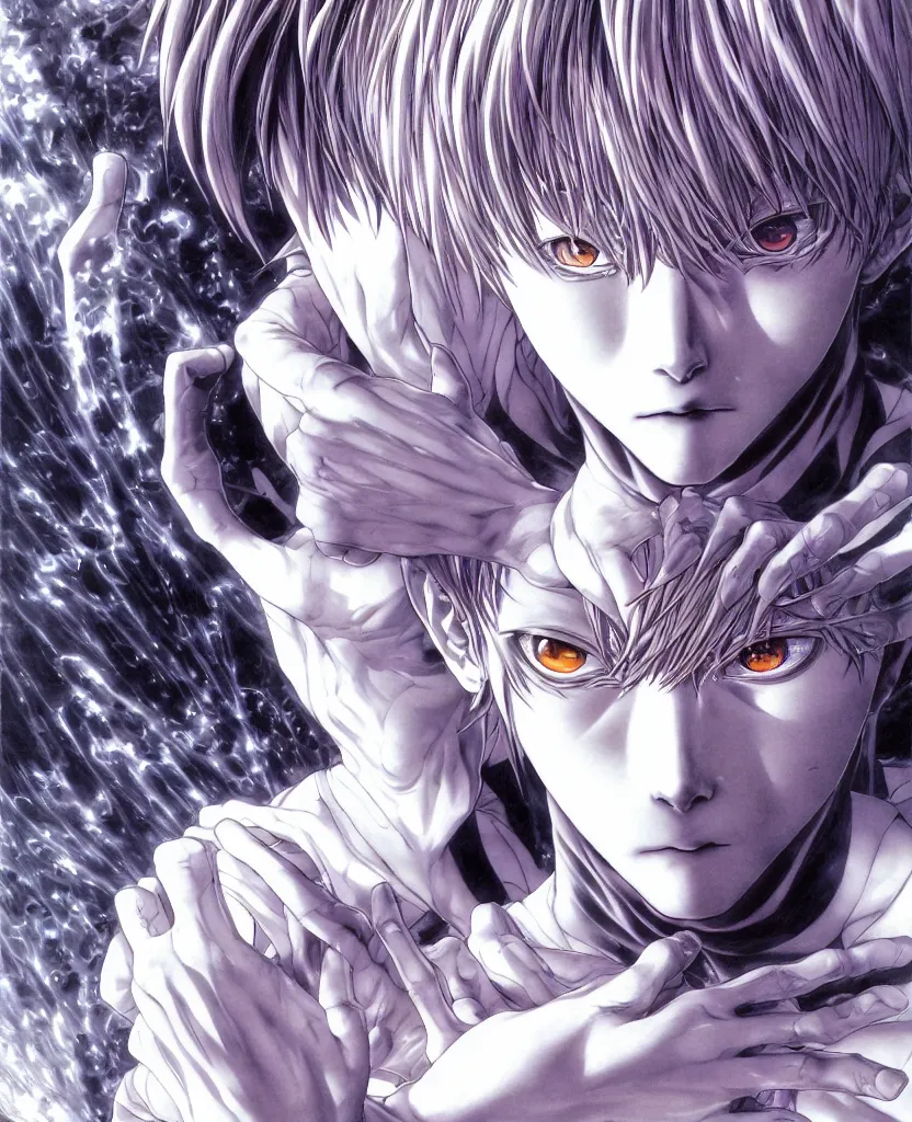 Prompt: symmetrical. realistic detailed image of anime portrait, realistic detailed male character, kaworu nagisa, depth perception, masterpiece, depth of field, action horror, gothic. art by yoshitaka amano, by yukito kishiro, by yoshiyuki sadamoto, by artgerm, by hajime sorayama