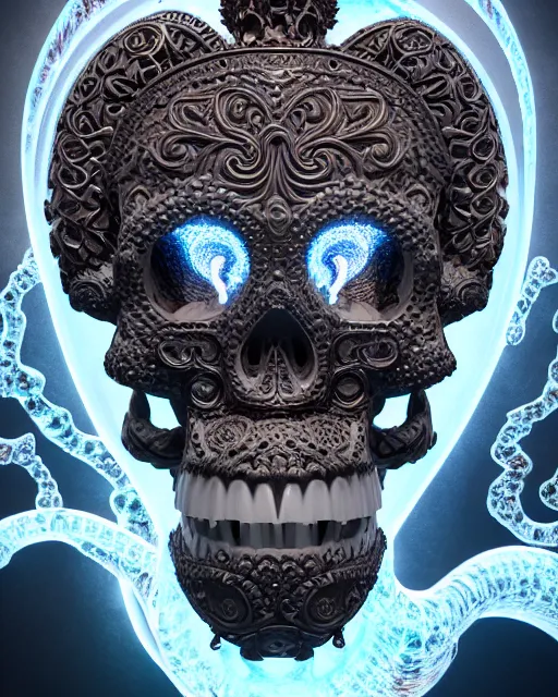 Image similar to 3 d ornate carved water heart, sigma 5 0 0 mm f / 5. beautiful intricate highly detailed quetzalcoatl skull. bioluminescent, plasma, lava, ice, water, wind, creature, thunderstorm! artwork by tooth wu and wlop and beeple and greg rutkowski, 8 k trending on artstation