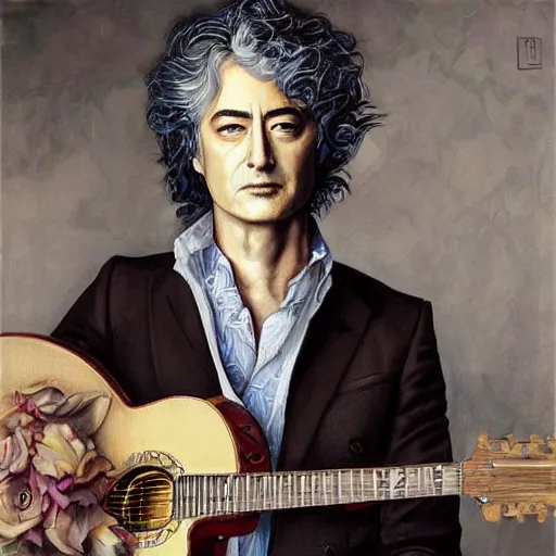 Image similar to amazing artgerm portrait of jimmy page in his 5 0 s as a preraphaelite painting, collaboration with j. scott campbell and artgerm with edward burn jones