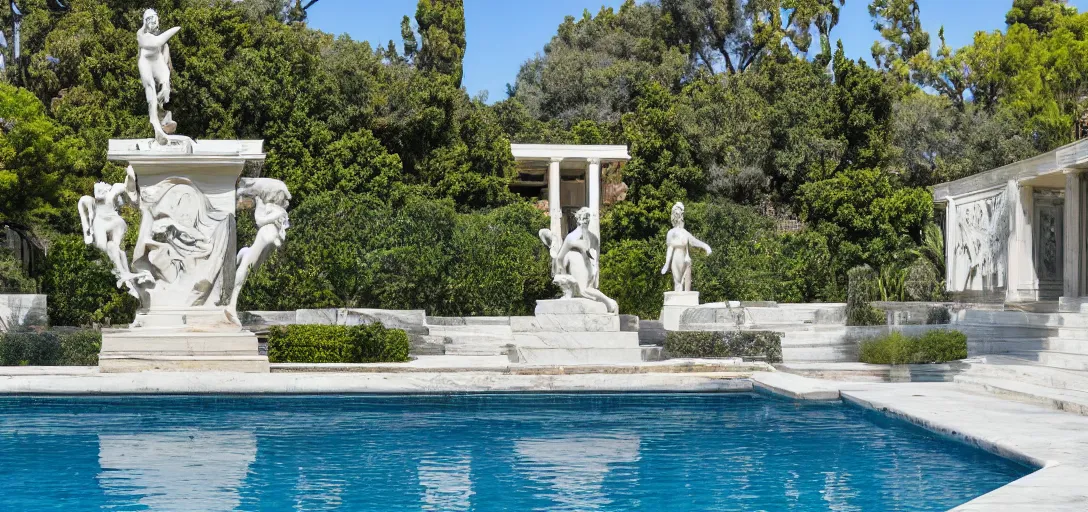 Prompt: greek - inspired, classical architecture - inspired midcentury house with marble columns. statue of venus in backyard overlooking decorative neptune pool with dark blue tiles under water on pool floor. built in 1 9 5 9 in hollywood hills.