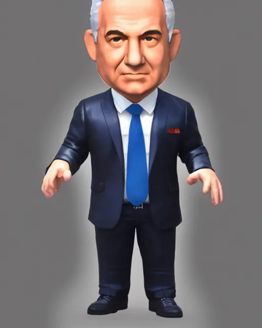 Prompt: full body 3d render of Benjamin Netanyahu as a Funko Pop, studio lighting, blender, trending on artstation, 8k, highly detailed
