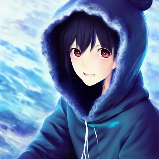 Image similar to advanced anime character art render, beautiful anime girl wearing a whale skin hoodie outfit ,big blue watery eyes, mid shot , medium shot, Rossdraws, WLOP , Sakimimichan