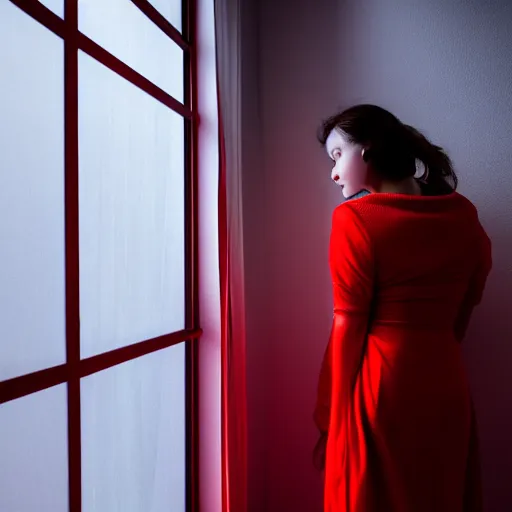 Image similar to woman wearing white and red looking outside the window in her bedroom at night, elegant, highly detailed, 8 k, photorealistic, photography, real picture, heavy grain, studio lighting, hdr