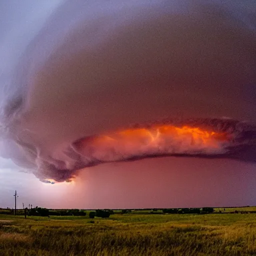 Prompt: West Texas storm chaser Laura Rowe captured the picture of a lifetime, fantastic shot of a mature supercell thunderstorm, illuminated at varying heights from the setting sun.
