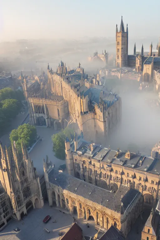 Image similar to a photo of a sprawling, medieval market in a huge city of large stonebuildings, tall towers and spires. Early morning, low hanging mist. Low camera angle. Wide lens.