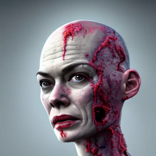 Prompt: color head portrait of bald lena headey as a zombie, 7 days to die zombie, gritty background, fine art, award winning, intricate, elegant, sharp focus, cinematic lighting, digital painting, 8 k concept art, art by michael hussar, art by brom, art by guweiz and z. w. gu, 8 k