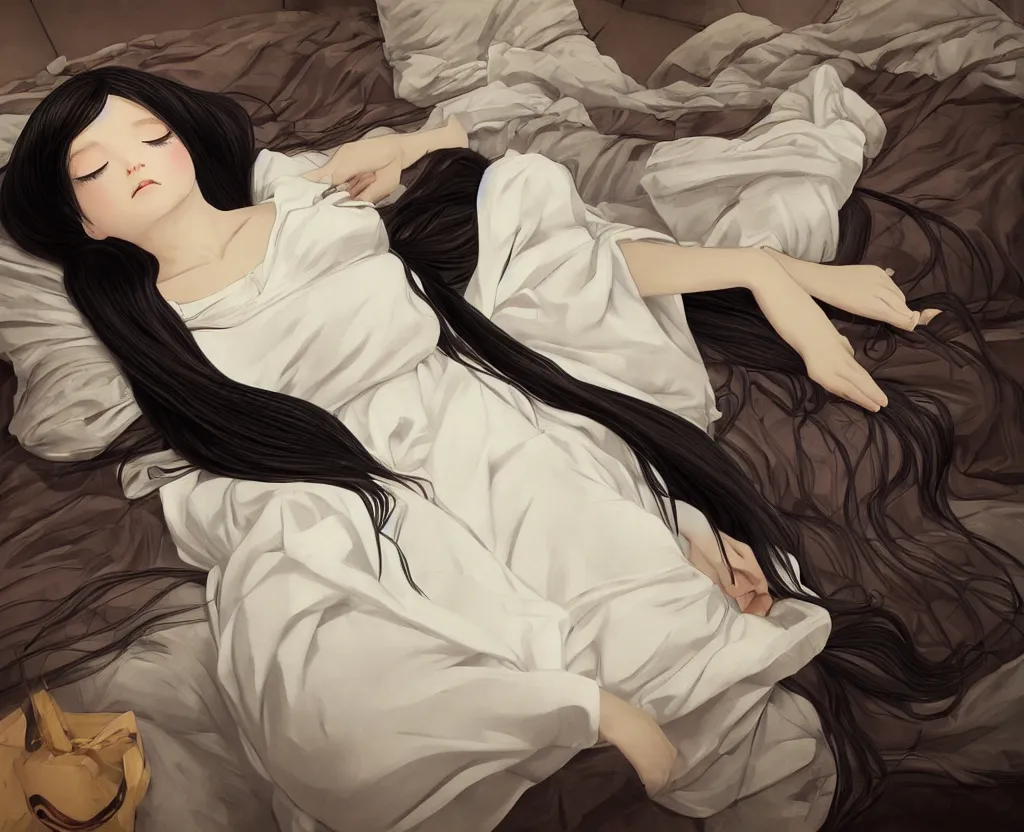 Image similar to room with an little girl with an long black hair dressed in a simple white dress sleeping, anime art style, digital art ilya kuvshinov, inspired by balthus, hd, 4 k, hyper detailed, dark, anatomically correct, angelic face