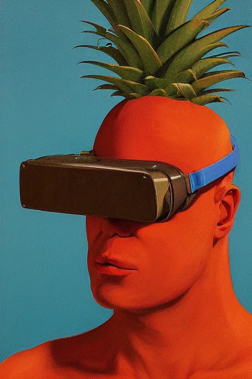 Image similar to Plumber wearing oculus and pineapple over his head, Edward Hopper and James Gilleard, Zdzislaw Beksisnski, highly detailed