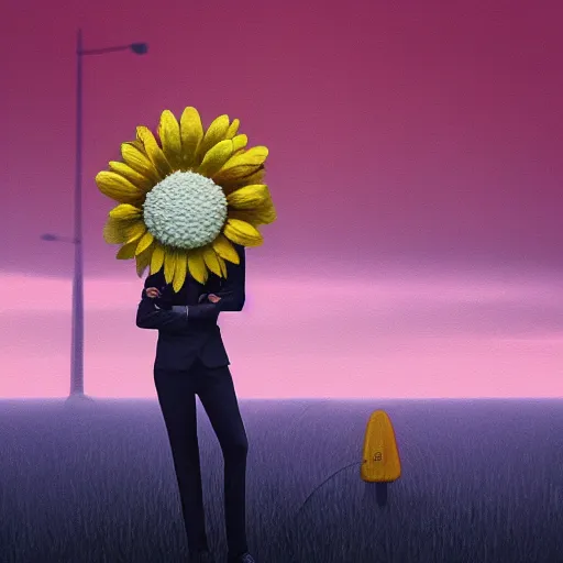 Image similar to giant daisy flower face, frontal, girl in a suit, surreal photography, sunrise, dramatic light, impressionist painting, digital painting, artstation, simon stalenhag