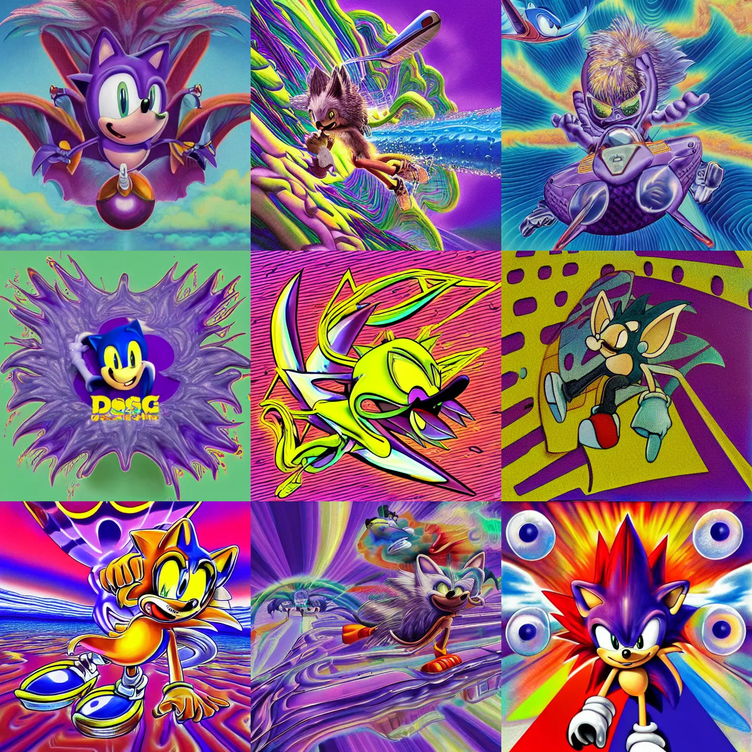 Prompt: surreal, faded, detailed professional, high quality airbrush art MGMT album cover of a liquid dissolving LSD DMT sonic the hedgehog on a flat purple checkerboard plane, Pacific Coast surfing 1990s 1992 prerendered graphics raytraced phong shaded album cover