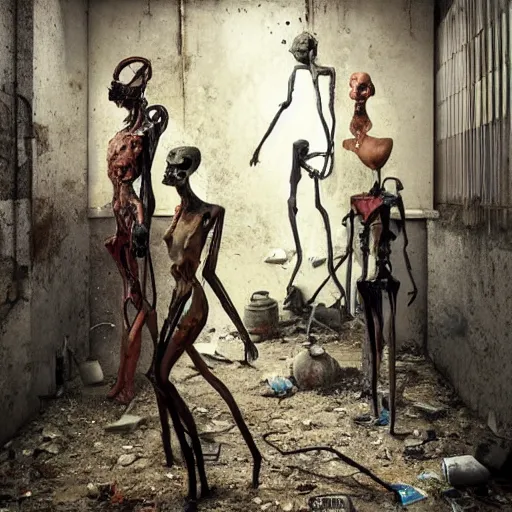 Prompt: A horrific painting of sinister broken mannequins in an abandoned warehouse. Backroom liminal spaces. Queue. Door. by Tom Bagshaw, Dan Mumford, Dariusz Zawadzki, Todd McFarlane, and Erik Johansson