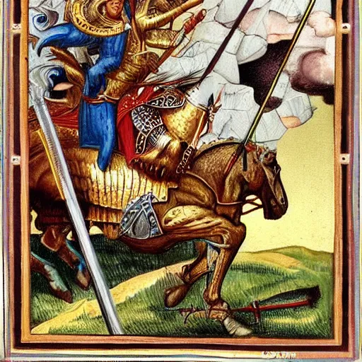 Image similar to saint george the knight on a horse fighting a dragon with a spear, by andrej dugin, olga dugina