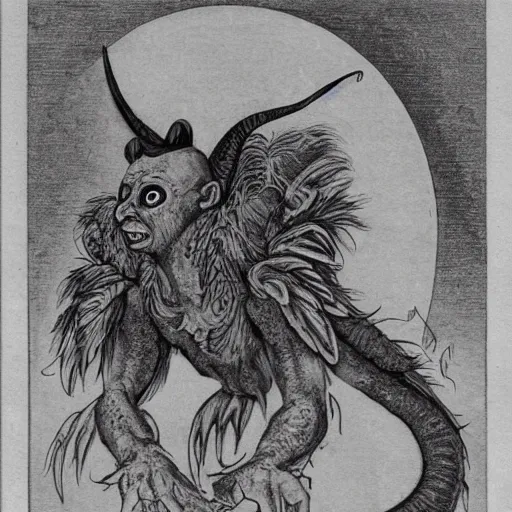 Image similar to Pazuzu He stands on two legs and has human arms ending in claws, with two pairs of wings, a scorpion's tail, pazuzu, a snake that emerges from between his legs in front, and a horned, bearded head with bulging eyes and snarling canine mouth swirls of black gouache, hopeless grey, and a daub of cold blue, intricate, highly detailed, digital painting, pazuzu, artstation, concept art, smooth, sharp focus, illustration, Unreal Engine 5, 8K, art by artgerm and greg rutkowski and alphonse mucha, fantasy epic digital art, epic fantasy card game art pazuzu