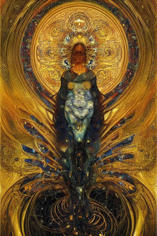 Image similar to Divine Chaos Engine by Karol Bak, Jean Deville, Gustav Klimt, and Vincent Van Gogh, beautiful visionary mystical portrait, sacred, otherworldly, fractal structures, Surreality, SpiralDee, ornate gilded medieval icon, third eye, spirals