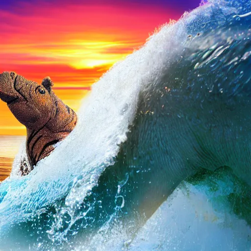 Image similar to a closeup photorealistic photograph of a cute knitted tiger hippopotamus riding an epic wave during sunset. well textured. surf in the background. professional capture. brightly lit scene. this 4 k hd image is trending on artstation, featured on behance, well - rendered, extra crisp, features intricate detail, epic composition and the style of unreal engine.