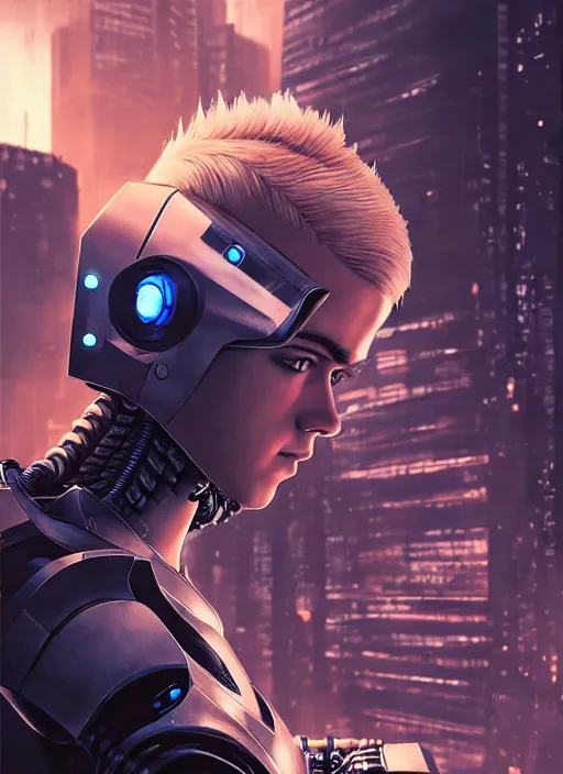 Image similar to photo of cyberpunk blonde male teenager fighting a robot in the style of stefan kostic, realistic, sharp focus, 8 k high definition, insanely detailed, intricate, elegant, art by stanley lau and artgerm