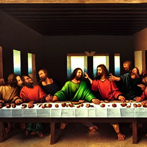 Prompt: jesus having a food fight and screaming in the last supper