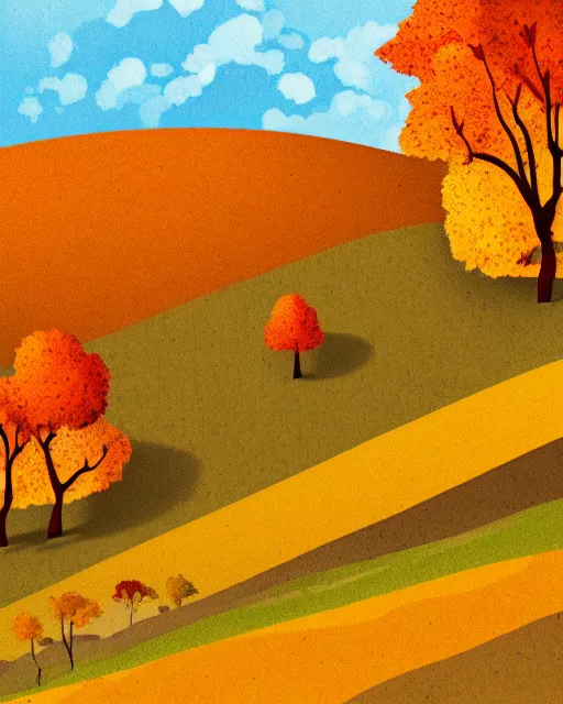 Prompt: autumn hillside boy hiking illustration fine texture, dynamic composition, detailed, matte print, dynamic perspective
